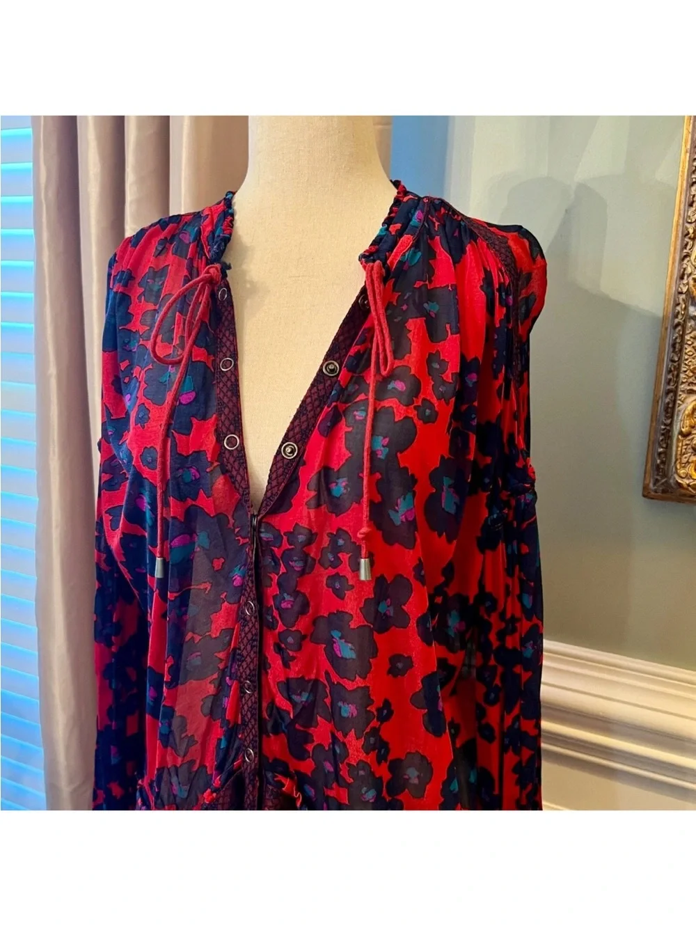 Free People Love Letter Tunic Top Mini Dress Merlot Combo Floral Red Blue